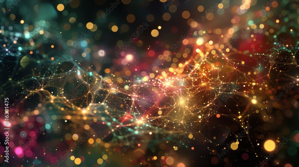 Poster a vivid depiction of the cosmic web with particles representing the interconnectedness of all matter