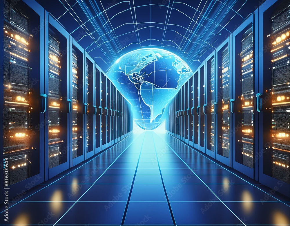 Aufkleber a row of servers in a data center is set against a backdrop of a glowing globe, depicting symmetry a