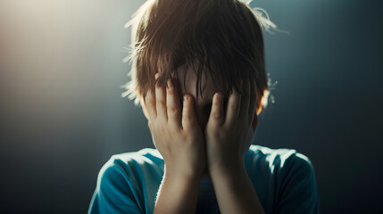 Fototapeta premium Boy shouts covered his face with his hands Stressed child Domestic Family violence and aggression concept violence concept for bullying depression stress or frustration : Generative AI