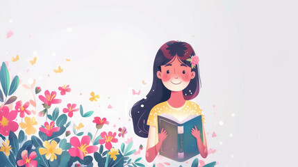 A Girl Enjoying Book with Floral Background