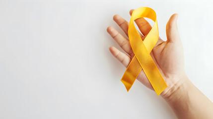 Gold ribbon hanging on fingers on white background International Childhood Cancer Day concept : Generative AI