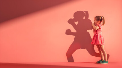 Childhood and dream about big and famous future Conceptual image with girl and drawned shadow of female boxer on coral pink background Childhood dreams imagination education concept : Generative AI