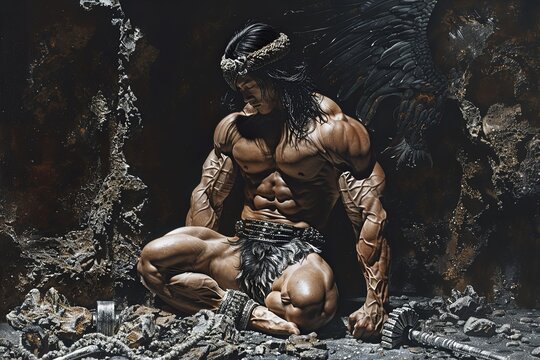 Fantasy Bodybuilder Conquers Monumental Landscape: Digital Epic Battle Painting