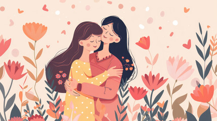 Mother's Day Celebration, Mom Hugging Daughter with Flowers