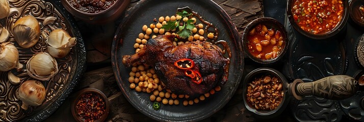 Indonesian Bebek Betutu Balinese Spiced Duck, fresh foods in minimal style