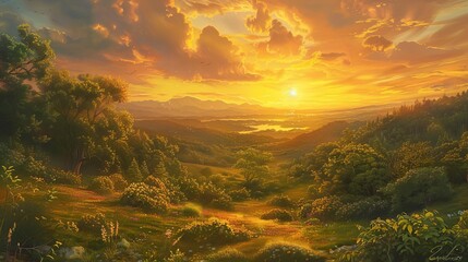 A serene landscape painting, executed in the classical realism tradition, depicting a golden sunset over a lush, verdant valley, Close up