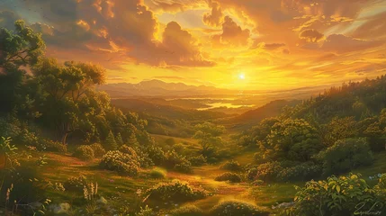 Fototapete Honigfarbe A serene landscape painting, executed in the classical realism tradition, depicting a golden sunset over a lush, verdant valley, Close up  © Nawarit