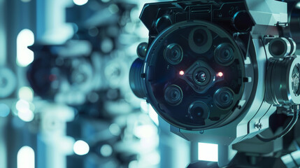 A closeup of a security camera with multiple lenses providing comprehensive coverage of a large space.