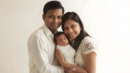 Portrait of Indian parents with newborn baby Young asian couple holding little baby in hand Beautiful family Parenthood : Generative AI