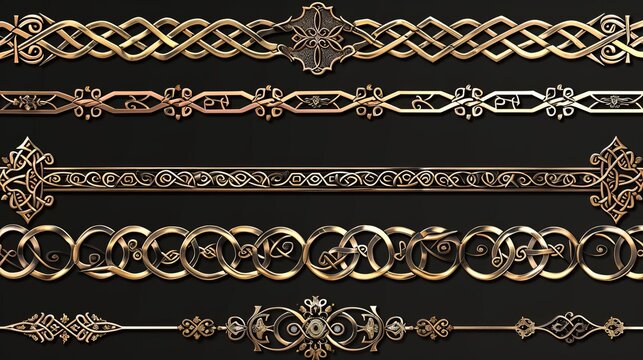A set of Celtic borders and frames, each crafted with fine detail, ideal for highlighting text or images on a black background, Close up