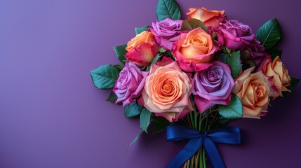 Fototapeta premium Bouquet of flowers with blue rope on purple background