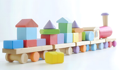 Fototapeta premium Wooden toy train with colorful blocks isolated white background Early childhood education learning to count preschool and kids game concept : Generative AI