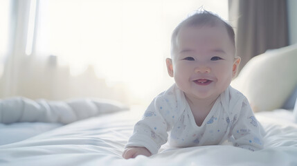 Fototapeta premium Happy Asian baby start to crawling on a bed at home Adorable development 5 months old Baby healthcare hygiene concept : Generative AI