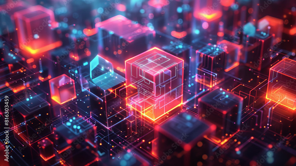 Poster illustration of a vibrant, futuristic digital network with glowing cubes and data blocks.