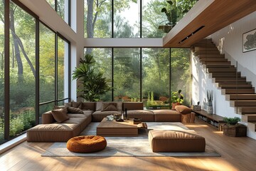Modern living room with mezzanine 3d rendering image.There are wooden floor decorate wall with groove.furnished with brown fabric furniture.There are large windows look out to see the nature