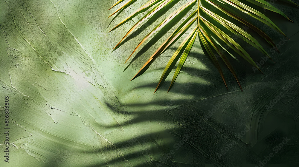 Poster palm leaf shadow on a green wall background olive color stylish flat lay with trendy shadow and sun 