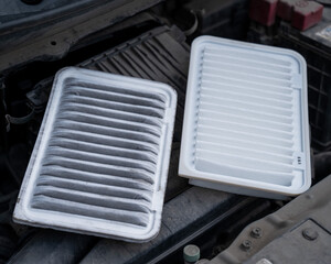 Used and new car engine air filters. Car maintenance. 