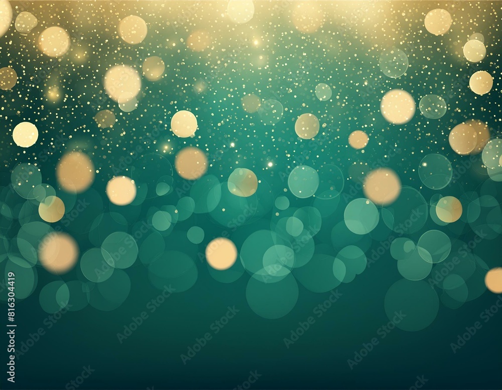 Poster abstract blur bokeh banner background. gold bokeh on defocused emerald green background
