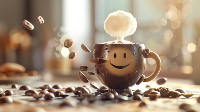 Adorable java joy: 3d cute cartoon happy coffee bean character with steam - bringing a smile with a delightful of a cheerful coffee bean, emanating steam from a brimming cup.