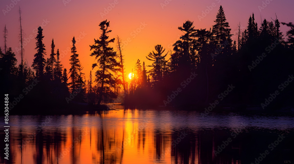 Poster the sun setting behind silhouetted pine trees on knife lake in the boundary waters canoe area in min