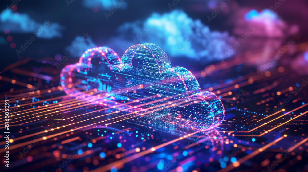 Poster futuristic representation of cloud computing technology with glowing connections over a circuit boar