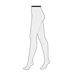 Fishnet Tights Pantyhose on legs, medium mesh size, high rise. Fashion accessory clothing technical illustration stocking. Vector side view for Men, women, unisex style flat template CAD mockup sketch