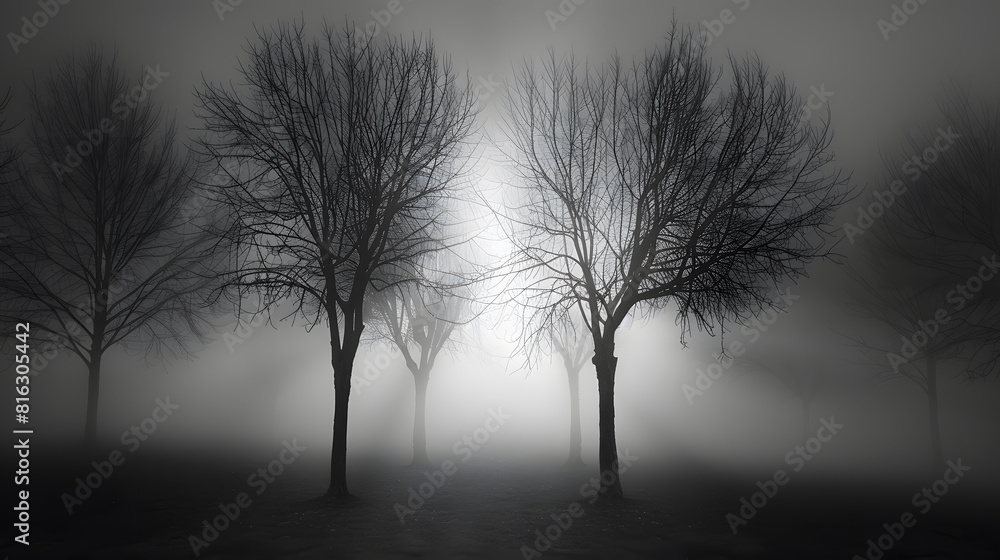 Poster A monochrome image capturing the eerie silhouettes of bare trees shrouded in a dense morning fog creating an atmosphere of mystery : Generative AI