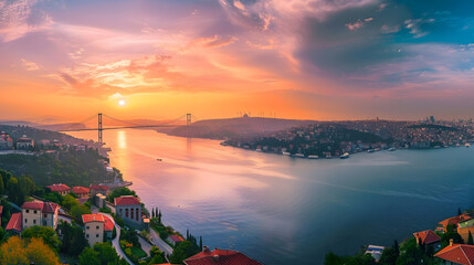 Awesome Panoramic view of Istanbul Bosphorus on sunset Istanbul Bosphorus Bridge 15 July Martyrs Bridge Turkish 15 Temmuz Sehitler Koprusu Beautiful landscape Turkey : Generative AI