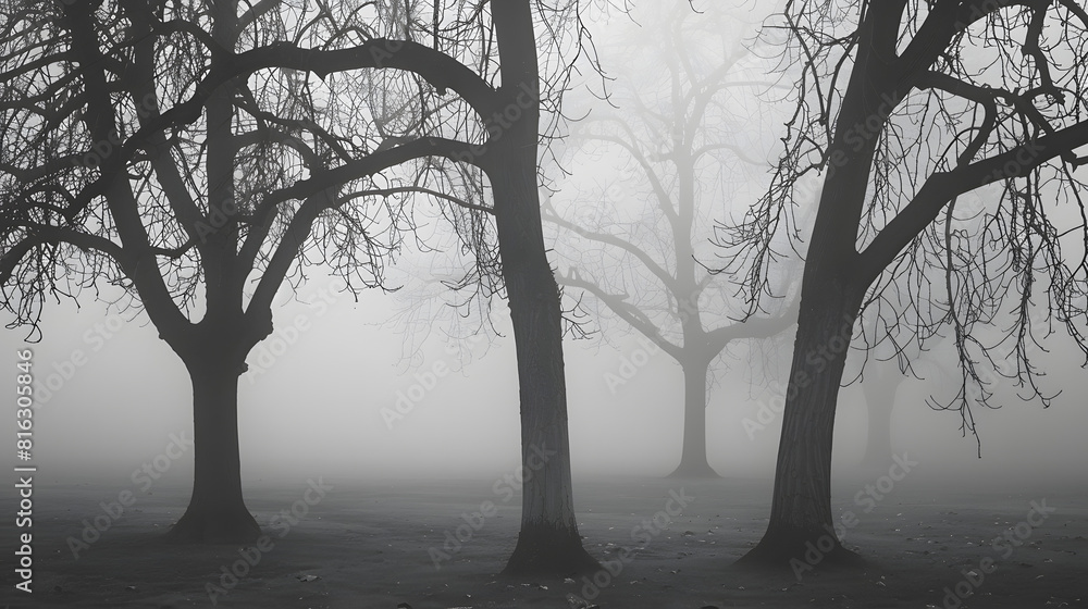 Poster A monochrome image capturing the eerie silhouettes of bare trees shrouded in a dense morning fog creating an atmosphere of mystery : Generative AI