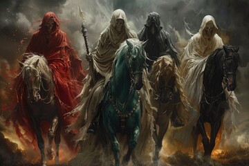 Harbingers of doom: 4 horsemen of the apocalypse - ominous imagery and symbolic significance of legendary riders ushering in end times. representing conquest, war, famine, death in apocalyptic lore.