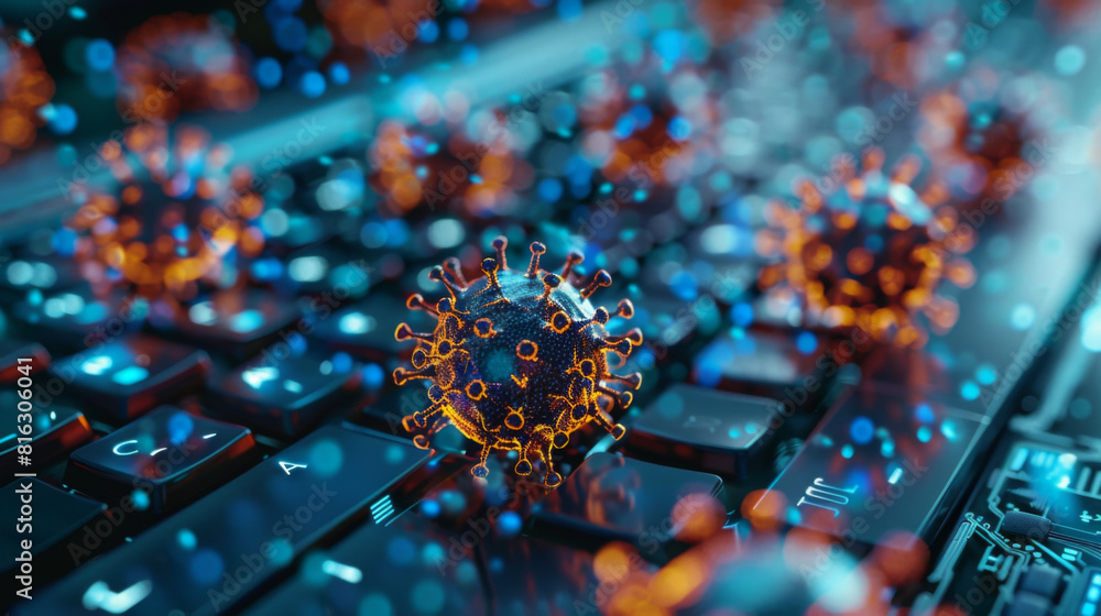 Poster a digital artwork of a virus particle illuminated on a computer keyboard, symbolizing cybersecurity 
