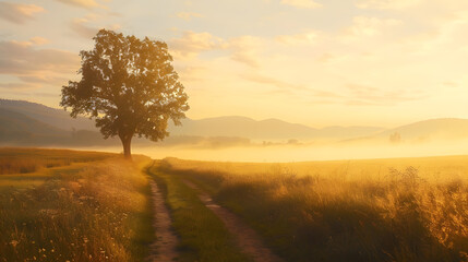 Fototapeta premium Rural landscape with a path and the silhouette of a lone tree on a meadow at sunrise mist on the horizon and magnificent gold sunlight : Generative AI