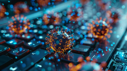 A digital artwork of a virus particle illuminated on a computer keyboard, symbolizing cybersecurity threats.