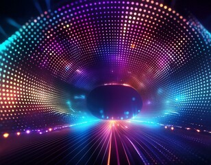 An illustration of curved cinema glittering diode pixel technology modern backdrop with light panel concave monitor. Light panel concave monitor digital texture with dot pattern
