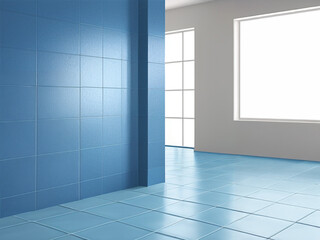 empty room with window, blue tiles on floor and walls