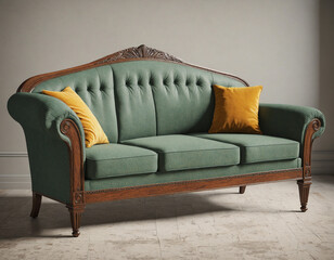Old fashioned teal couch in a simple room with golden pillows