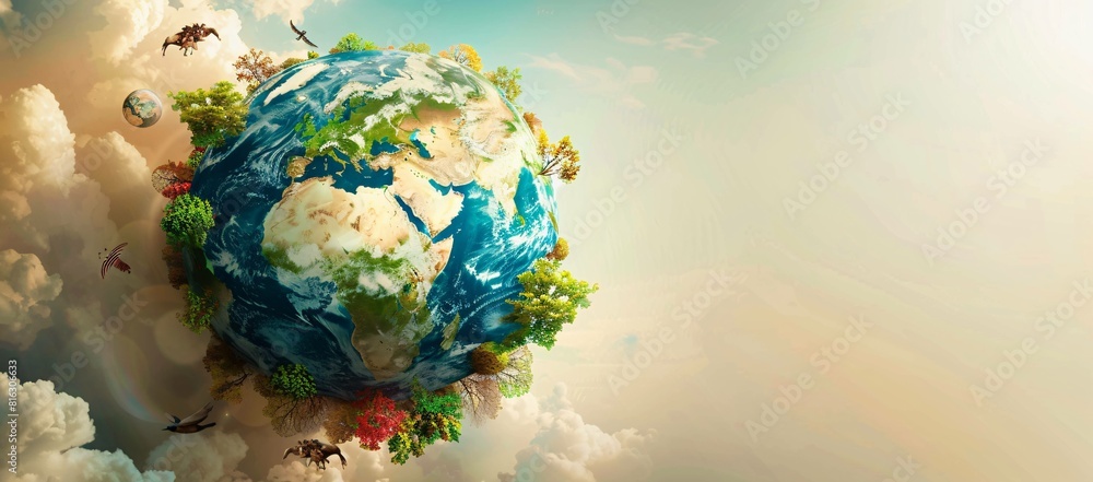Poster earth from space with floating clouds and environmental symbols