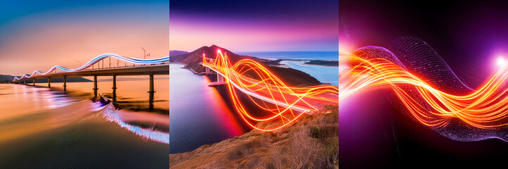 bridge modern wave neon flow line design in sunset by night - Powered by Adobe