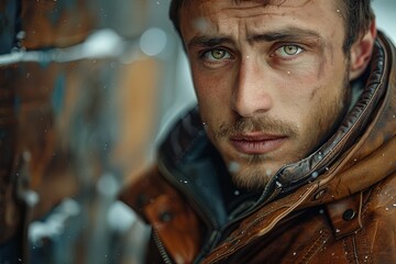 Fototapeta premium Russian Man with Hazel Eyes in Leather Jacket - Dramatic Stance on Concrete- Timeless Pose