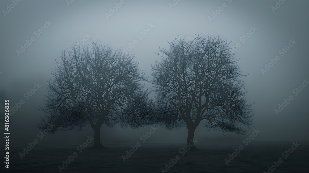 Poster A monochrome image capturing the eerie silhouettes of bare trees shrouded in a dense morning fog creating an atmosphere of mystery : Generative AI