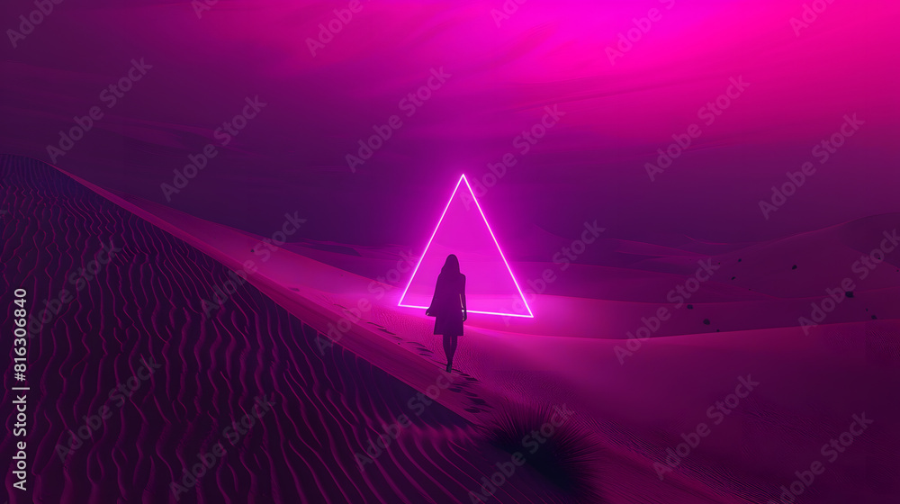 Poster modern futuristic neon abstract background large triangle glowing purple object in the center of san