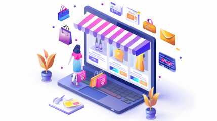 Obraz premium Isometric illustration of a woman shopping online with digital icons floating around a laptop screen.