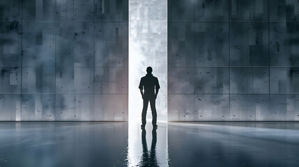 Fototapeta premium Back view of male silhouette in abstract concrete interior with line opening in wall shadow and mock up place Success financial growth and future concept : Generative AI