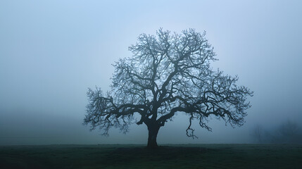 Silhouette of a bare Almond tree on a foggy overcast day creates a moody and ominous atmosphere : Generative AI
