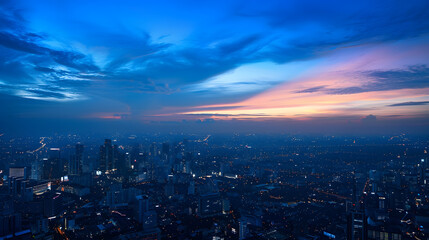 Fototapeta premium The city scenery before and at dawn the silhouette of the cityscape and the sky dyed blue : Generative AI