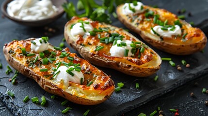Loaded potato skins with sour cream and chives, fresh foods in minimal style