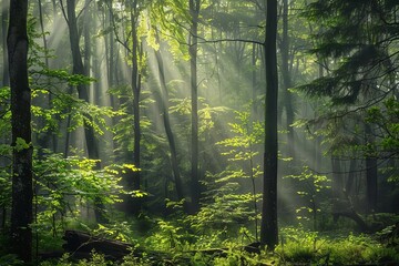 enchanted forest landscape sunbeams filtering through dense trees lush green foliage nature photography