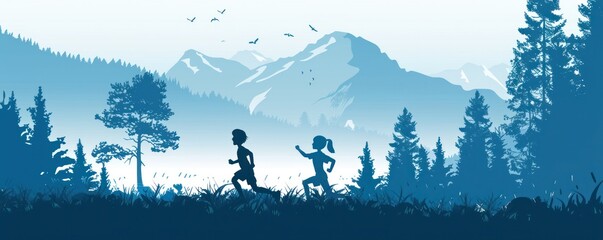 Banner - Illustration of Journey to Wellness: Silhouette of a Young Couple Running in a Misty Mountainous Landscape