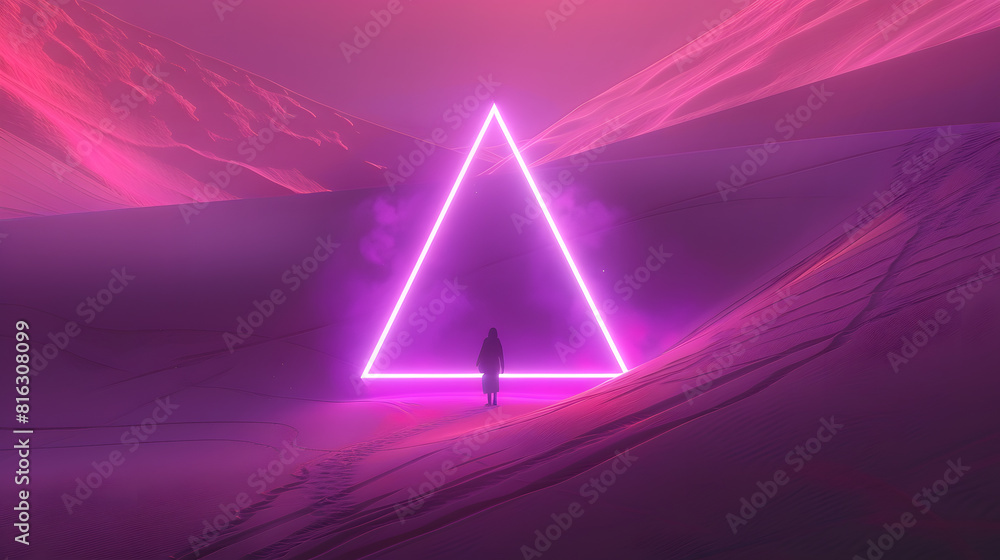 Poster Modern futuristic neon abstract background Large triangle glowing purple object in the center of sand dune and lonely woman silhouette walking in the desert Dark scene with neon light  : Generative AI
