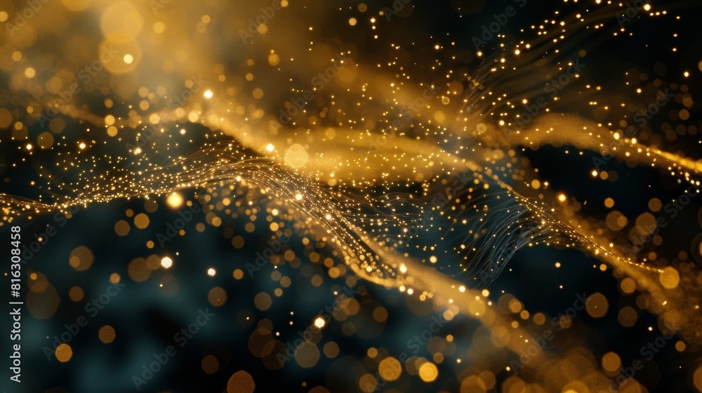 Poster bands of glimmering particles intertwining and coalescing in an intricate dance.